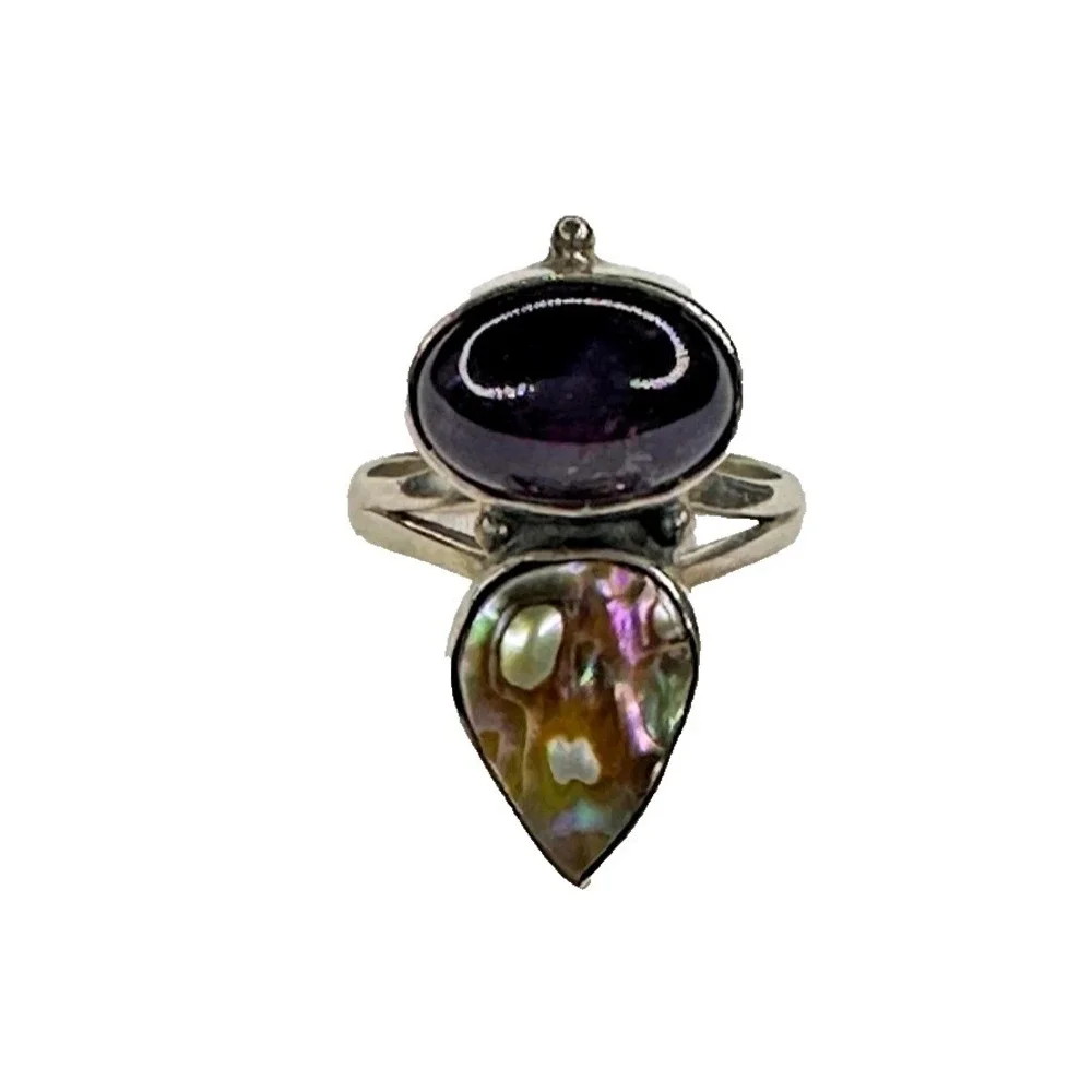 Nightbreed Creations Ring Amethyst Abalone Shell Sterling Silver 925‎ Sz 7 MOD